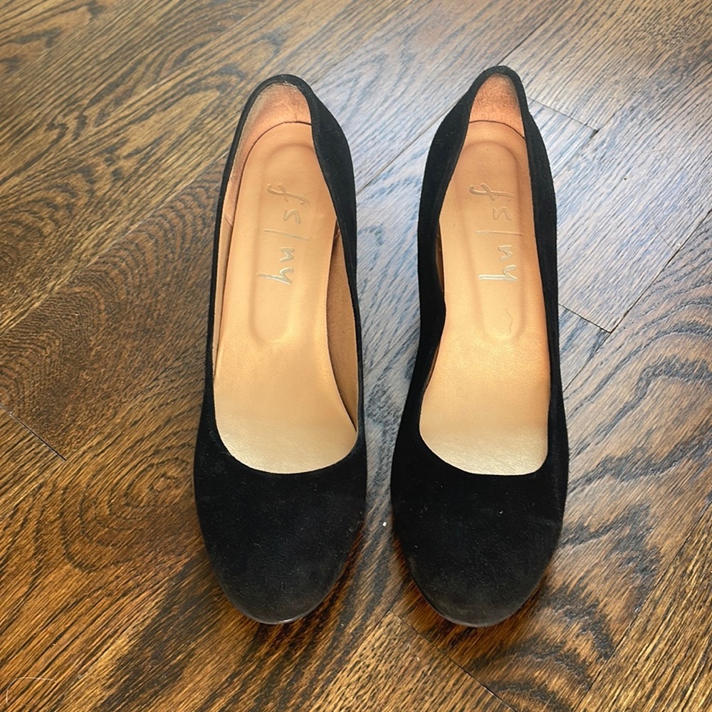 French Sole New York (FSNY) black suede heels, size 6.5-7